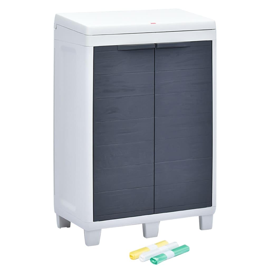 Outdoor Garden Recycling Trash Bin with 3 Bags, 25.6x15x40.2 Inch Weatherproof Waste Separator with Storage Shelf and Lockable Doors, Dark Gray