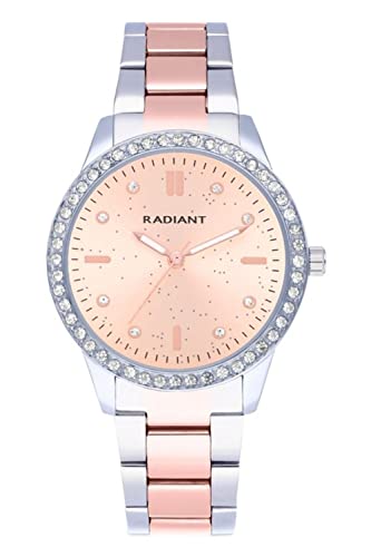 Radiant - Colección Universe - Reloj analógico de Cuarzo. Reloj de Pulsera para Mujer. Reloj de Brazalete Plateado con Esfera de Oro Rosa, Correa bitono y pedrería Rosa en el Bisel. 3ATM. 38mm