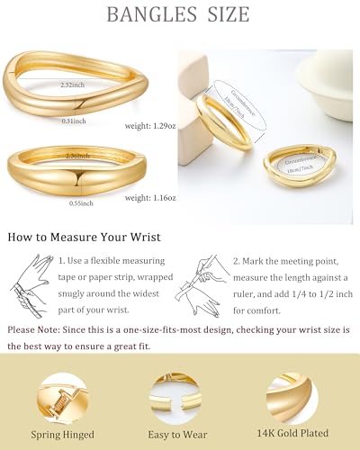 2pcs Gold Bangle Bracelets for Women, Trendy Hinged Cuff Open Wide Chunky Gold Bracelet Stack Arm Cuff Jewelry for Women 6