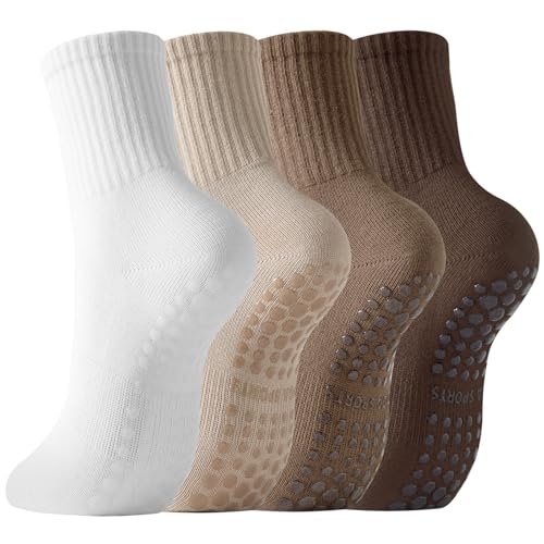 BISOUSOX Pilates Socken Damen Antirutsch Yoga Socken Rutschfest 4 Paare Stoppersocken für Yoga Fitness Weiß Braun Streifen Pilates Geschenke für Schwangere Frauen BISOUSOX Pilates Socken Damen Antirutsch Yoga Socken Rutschfest 4 Paare Stoppersocken für Yoga Fitness Weiß Braun Streifen Pilates Geschenke für Schwangere Frauen