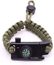 Pulseira de Sobrevivência Tática, Paracord Verde, com Bússola, Pederneira e Apito, Ajustável