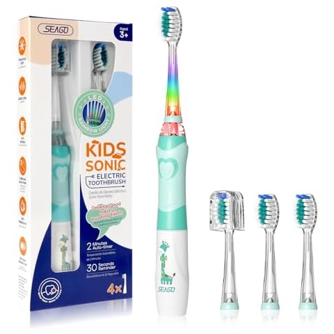 SEAGO Kids Electric Toothbrush with 2 Mins Brushing Timer and 4 Replacement Bursh Heads, Rainbow LED Light Make Brushing Fun, Green Color Boys Battery Powerd Toothbrush for 4-12 Years Old，SG-977 Cover