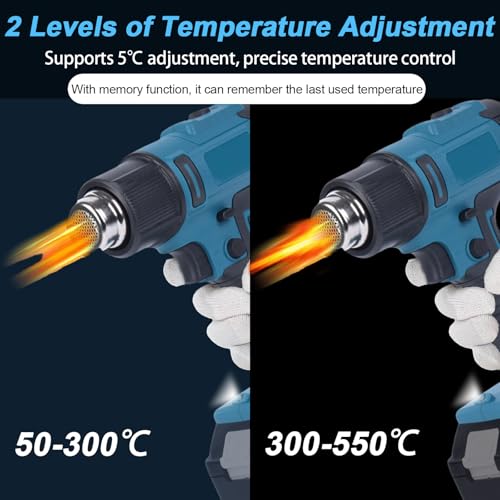 Accu heteluchtföhn compatibel met Makita 18V accu (zonder batterijen), heteluchtpistool met LCD-display 50-550℃ instelbaar, draadloze heteluchtblazer incl. 5 sproeiers en 2 schoppen voor lassen - Afbeelding 4