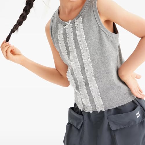 2 Piece Girls Tank Top with Lace for Summer Sleeveless Dance Top Wide Strap 5T-13Y2