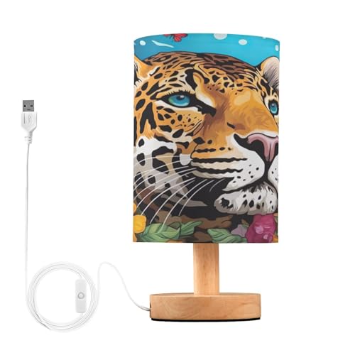 SDMKA Jaguar and Flowers Bedside Table Lamp for Bedroom, Minimalist Nightstand Lamp with Round Fabric Shade for Living Room, Office, No Bulb Required