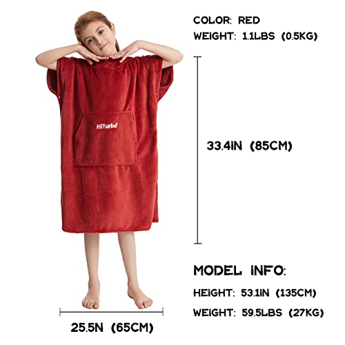 Hiturbo Kids Changing Robe, Fluffy Wearable Blanket, Warm Bath Towels, Soft Towel Hoodie, Swim Surf Poncho For 5-12 Years (Red) #TOP1