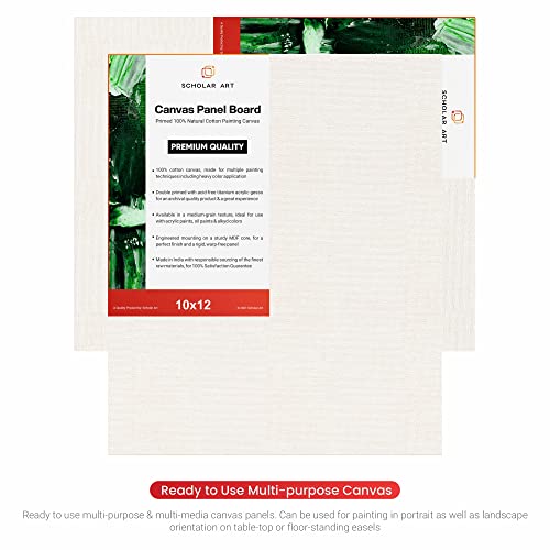 Image of Scholar Art Hobby Series 04 Oz (230 GSM) 100% Cotton Canvas Panel Board for Painting (White Blank Canvas Boards for Acrylic Paint, Oil Paint, Wet & Dry Media) | 10 inchx12 inch (25x30 cm), Pack of 12