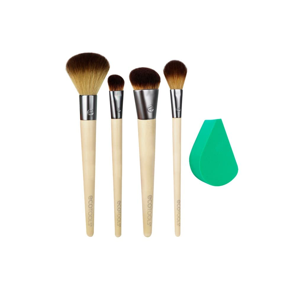 EcoTools Airbrush Complexion Makeup Set, With Makeup Blender Beauty Sponge, Brush Case, Beauty Cards, Set of 4 Brushes