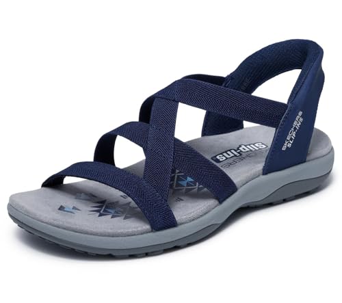 Skechers Women's Reggae Slim Stretch Flex Hands Free Slip ins Sandal, Navy, 7