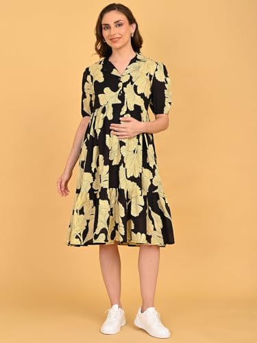 Image of The Mom Store Maternity and Nursing Dress | Pre and Post Pregnancy Dress for Womens | Zipper /Button Opening | Causal Wear | Trendy Stylish Causal Dresses for New Moms