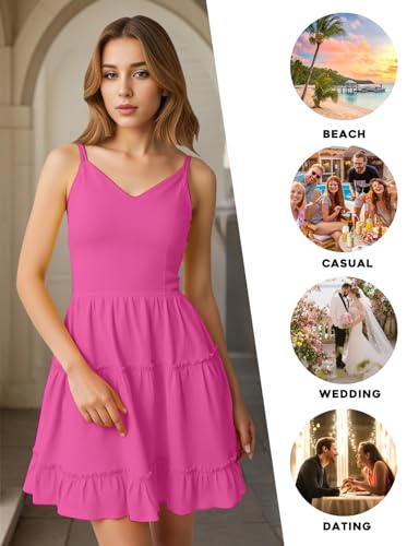 Image of FANCYINN Women Floral Casual Tiered Mini Dresses Spaghetti Strap V Neck Backless A Line Swing Short Dress with Pockets