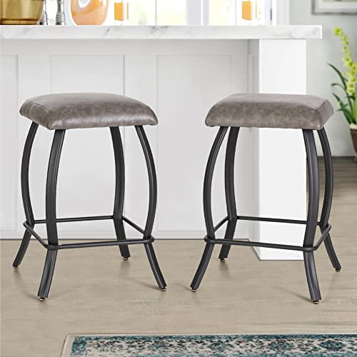 Alpha Home 26" Bar Stools Counter Height Bar Stools With Footrest Pu Leather Backless Kitchen Dining Cafe Chair With Thick Cushion & Sturdy Chromed Metal Steel Frame Base For Indoor,Grey,2Pcs #TOP23
