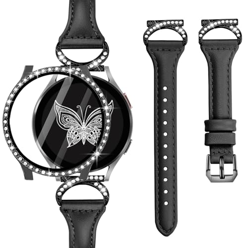 Watbro Genuine Leather Band with Case Compatible with Samsung Galaxy Watch 4 & 5& 6 40mm 44mm with Glitter Screen Protector Case,Metal 20mm Leather Watch strap for Women
