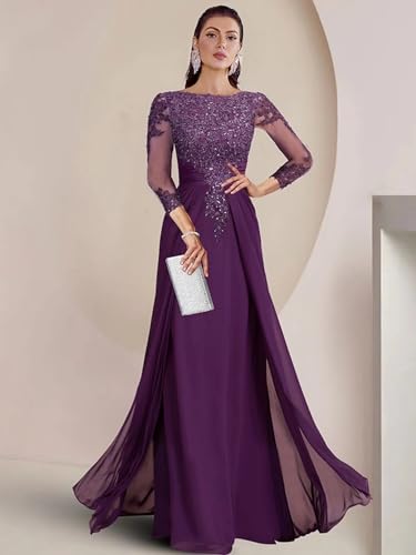 Mother of The Bride Dress for Wedding Chiffon A-Line Formal Evening Gowns with Sleeve BOF1602
