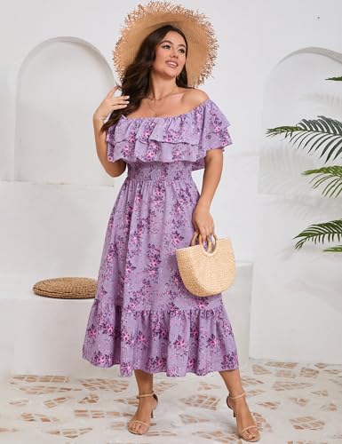 Image of KOJOOIN Women Plus Size Off Shoulder Maxi Dress Ruffle Flowy Casual Summer Boho Long Dresses
