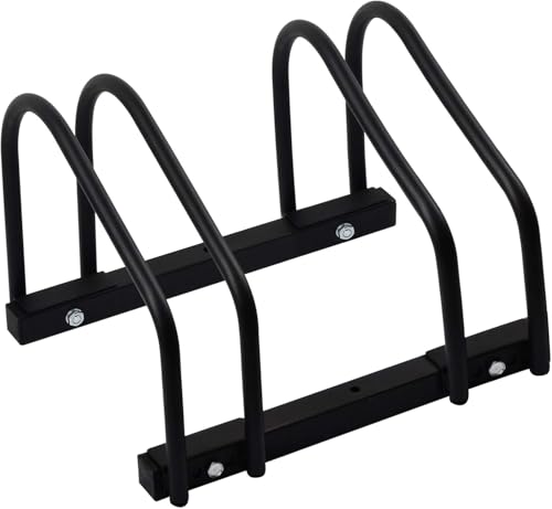 Image of India Heavy-Duty 2-Bike Floor Mount Bicycle Parking Stand | Black Staggered Space-Saving Cycle Storage Rack | Dual Wheel Parking Organizer | Two-Position Bicycle Support for Neat Ground Arrangement