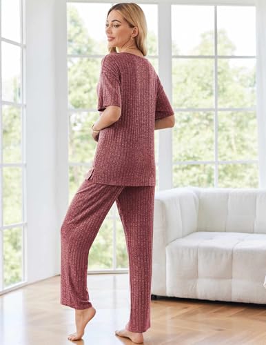 Image of Ekouaer Womens Ribbed Knit Lounge Set Short Sleeve Top and Long Pants Sleepwear Pajama Set Two Piece Matching Outfits Set