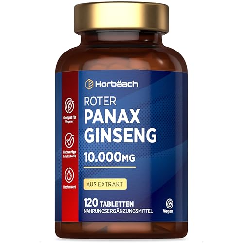 Panax Ginseng Extrakt 10.000mg | 120 Korean Ginseng Tabletten | Vegane | Hochdosierte Ginsenoside | Horbaach