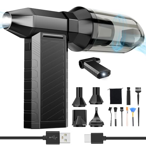 Preciva Soplador de Aire Potente, Aire Comprimido Limpieza y Aspirador 2 en 1, Pistola Aire con Bateria 8000 mAh, 180000 RPM, Mini Sopladora Ajustable para PC, Teclado y Coche