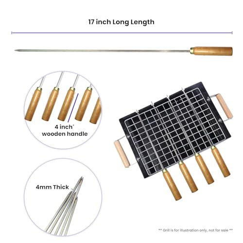 Image of 17 Inch Stainless Steel Square Barbeque Skewers with Wood Handle | BBQ Skewers Set | Reusable BBQ Sticks, Kabab Metal Grilling Skewer | Set of - 5 (BBQ Sticks Wood)