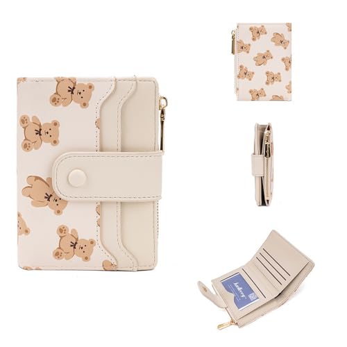 JHTPSLR Cute Teddy Bear Wallet for Women Teen Girls Credit Card Holder with Zipper Coin Pocket PU Leather Wallets Cutecore Accessories Cutecore Stuff (Beige)