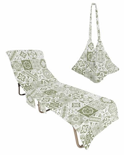 Beach Pool Patio Lounge Chaise Chair Cover Towel with Pockets,Sage Green Flower Absorbent & Quick Dry Microfiber Towel Cover Bag Summer Travel Accessories Boho Morocco Tiles Modern Bohemian Mosaic