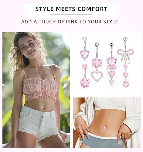 Dangle Belly Button Rings Piercing Jewelry for Women Surgical Stainless Steel Dangling Belly Ring Pack with Heart Bow Elements 14g3