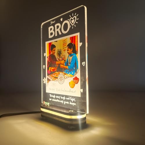 Image of lampees Personalised Brother's LED Photo Lamp, 18x12 cm | Raksha Bandhan Keepsake Custom Printing, Warm LED Glow, Acrylic Wood Base,