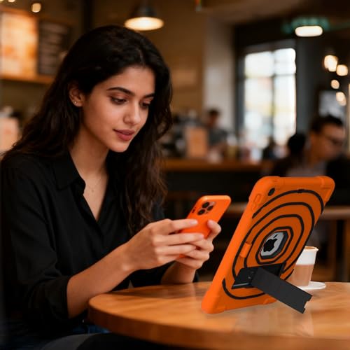 Coque iPad 10.2 antichoc orange et noir avec support et porte-crayon