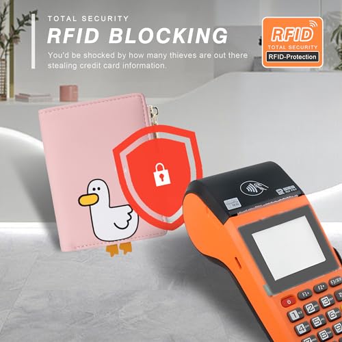 Image of CONISY Cute Wallets for Women, Leather Bifold Small Wallet with Zipper Coin Purse, RFID Blocking Wallet for Girls and Ladies, Duck Pink, Moden