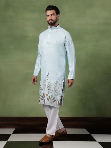 Image of SOJANYA (Since 1958 Men's Cotton Silk Flora & Fauna Embroidered Long Kurta