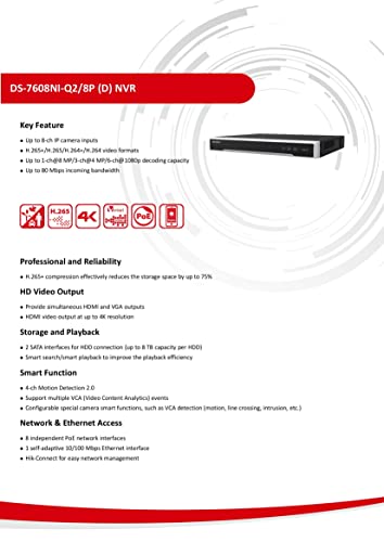 Image of DS-7608NI-Q2 /8P H.265 8 Channel PoE 4K 8MP Network Video Recorder NVR, Plug & Play, International Original English Version, Hard Drive Not Included