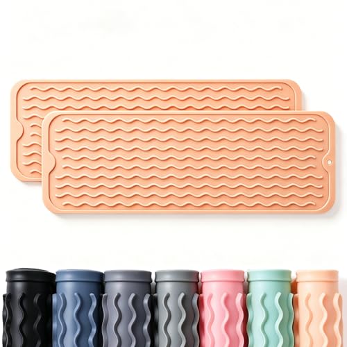 Image of 2 Pack Caketime Silicone Dish Drying Mat for Kitchen Counter Faucet Protector Under Sink Stone Rack Bath Mats for Bathroom Kitchen Decor Usage Absorbent Organizer Drain Tray 17inchx6inch Beige