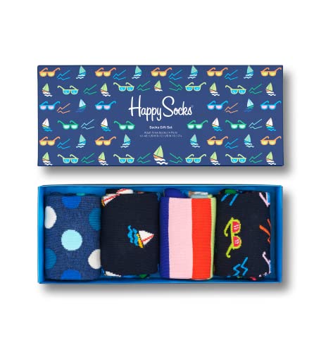 Happy Socks 4-Pack Navy Socks Set farbenfrohe und fröhliche Socken für Männer und Frauen Blau-Grün-Orange-Rosa-Weiß-Rot (41-46)