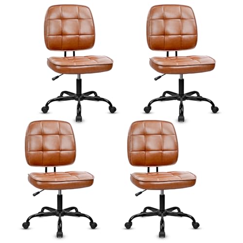 Image of CLATINA Home Office Chair No Arms with Wheels, Armless Small Leather Ergonomic Low Back Desk Chairs Adjustable Height 360 Swivel Rolling Computer Task Chair for Work Conference Room, Brown, 4 Pack