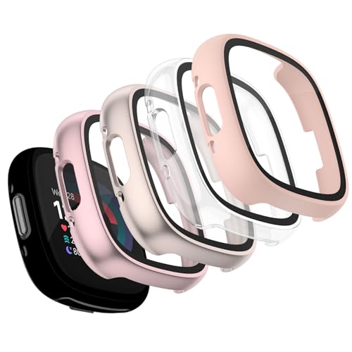 Vancle Case for Fitbit Versa 4 / Fitbit Sense 2 4-Pack Screen Protector Tempered Glass Full Around Hard PC Case with Sensitive Touch Film Protective for Fitbit Sense 2 / Versa 4(Transparent + Starlight + Pink + Rose Gold)