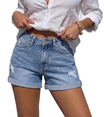 Image of onlypuff Women Denim Shorts Ripped Mid Waisted Jean Shorts with Pockets