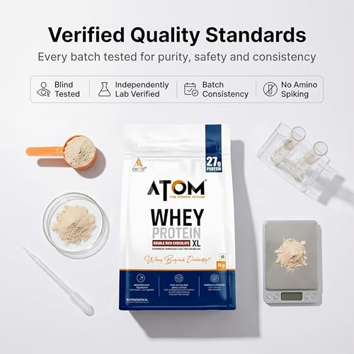 Image of AS-IT-IS ATOM Whey Protein XL, Double Rich Chocolate, 1kg - with DigeZyme & Fermented Yeast Protein I High Absorption, Supports Muscle Growth, Recovery & Strength - Hybrid Protein for All Day Fuel
