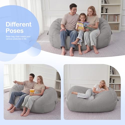Image of 4FT Bean Bag Chair 4'Big Bean Bag Chairs with Adults, Large Beanbag Chair | Bean bag Lounger with Machine Washable Cover Corduroy Fabric, Comfy Chairs for Living Room Bedroom Dorm, Lightgrey