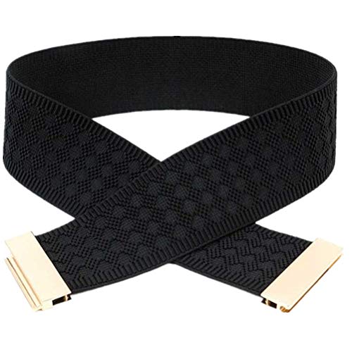 Women Elastic 2Inch Wide Waist Belts For Dress Jumpsuit With Gold Interlock Buckle Waistbands Cinch Stretch Belt3
