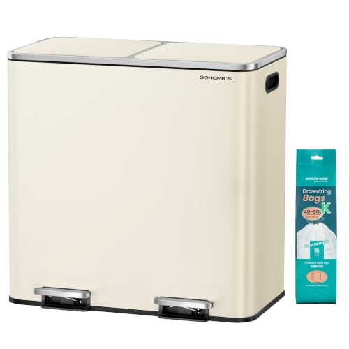 Image of SONGMICS Trash Can, 2 x 10.6 Gallon (2 x 40 L), Almond Color | with 15 Trash Bags, 2 Compartments, Plastic Inner Buckets and Hinged Lids, Airtight, Almond Color ULTB730A01V1