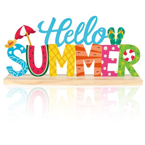 COCHIE Metal Hello Summer Sign, Summer Decorations for Home, Office, Shelf, Mantel, Indoor, Beach Slippers Tabletop Centerpiece Decoration, Watermelon Red Decor (Beach)