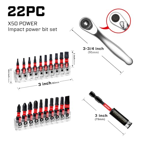Image of Geinxurn 22pieces Ratchet & Bit Driver Set, Magnetic S2 Steel 1 inchInsert Bits Tips with Base,Impact Bit Holder and Mini Wrench with Storage Box