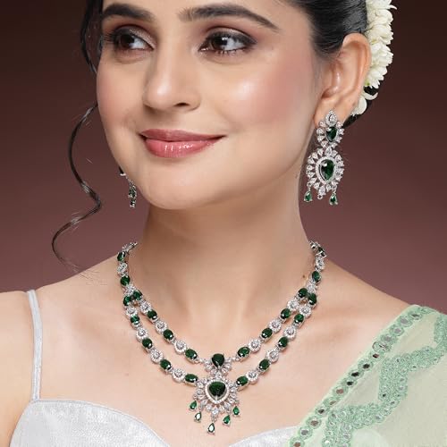Image of ZENEME Rhodium-Plated American Diamond Studded Star Shaped Layered Necklace With Earrings Jewellery Set For Girls and Women