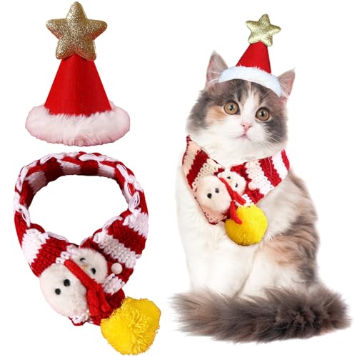 CANPLUS 2点セット クリスマス 犬 猫 帽子 マフラー 猫の服 犬服 小型犬 防寒 保温 サンタ 秋冬服 可愛い ペット用品 仮装 コスチューム プレゼント ギフト (レッド, M)