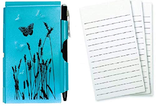 Wellspring Metal Flip Note Case With Pen and 3 Pack Refill, Bundle Blue Butterfly