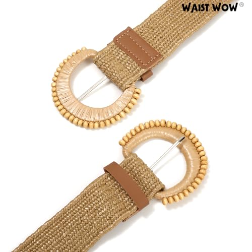 Image of Straw Woven Elastic Belt for Women Stretchy Belts for Dress Fashion Boho Waist Belt Rattan Raffia Ladies Belts