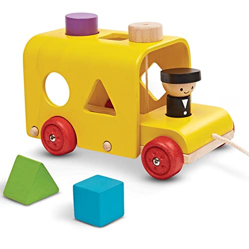 Image of PlanToys Sorting Bus Pull Toy - Sustainably Made from Rubberwood Featuring Organic-Pigment Coloring and Water-Based Dyes with 3 Colorful Shapes and Pull-Along Bus