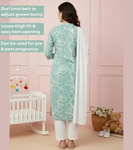 Image of DUMMY SHAPE Maternity Dresses for Women Cotton | Floral Kurta Pant Dupatta Set with Nursing Zippers, Side Pocket | Pre & Post Pregnancy | Feeding Kurti Suit | Baby Shower | Gifts for Pregnant Woman