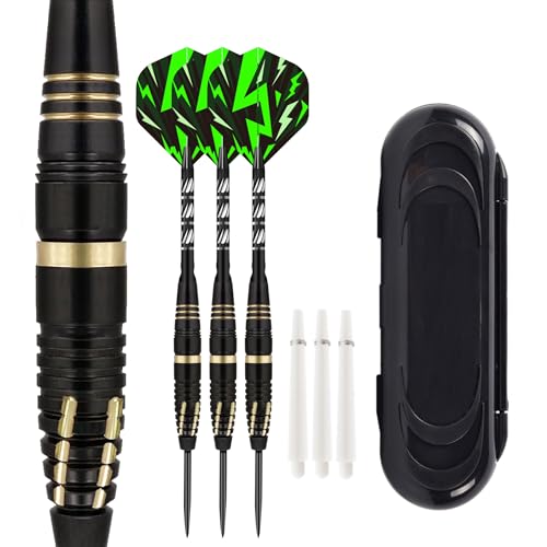 PRK 14 Professional Darts Set - 3 x 24g Black & Gold With Steel Tips Aluminum Shafts In Travel Case with Accessories O-Rings Stems and Spare Flights